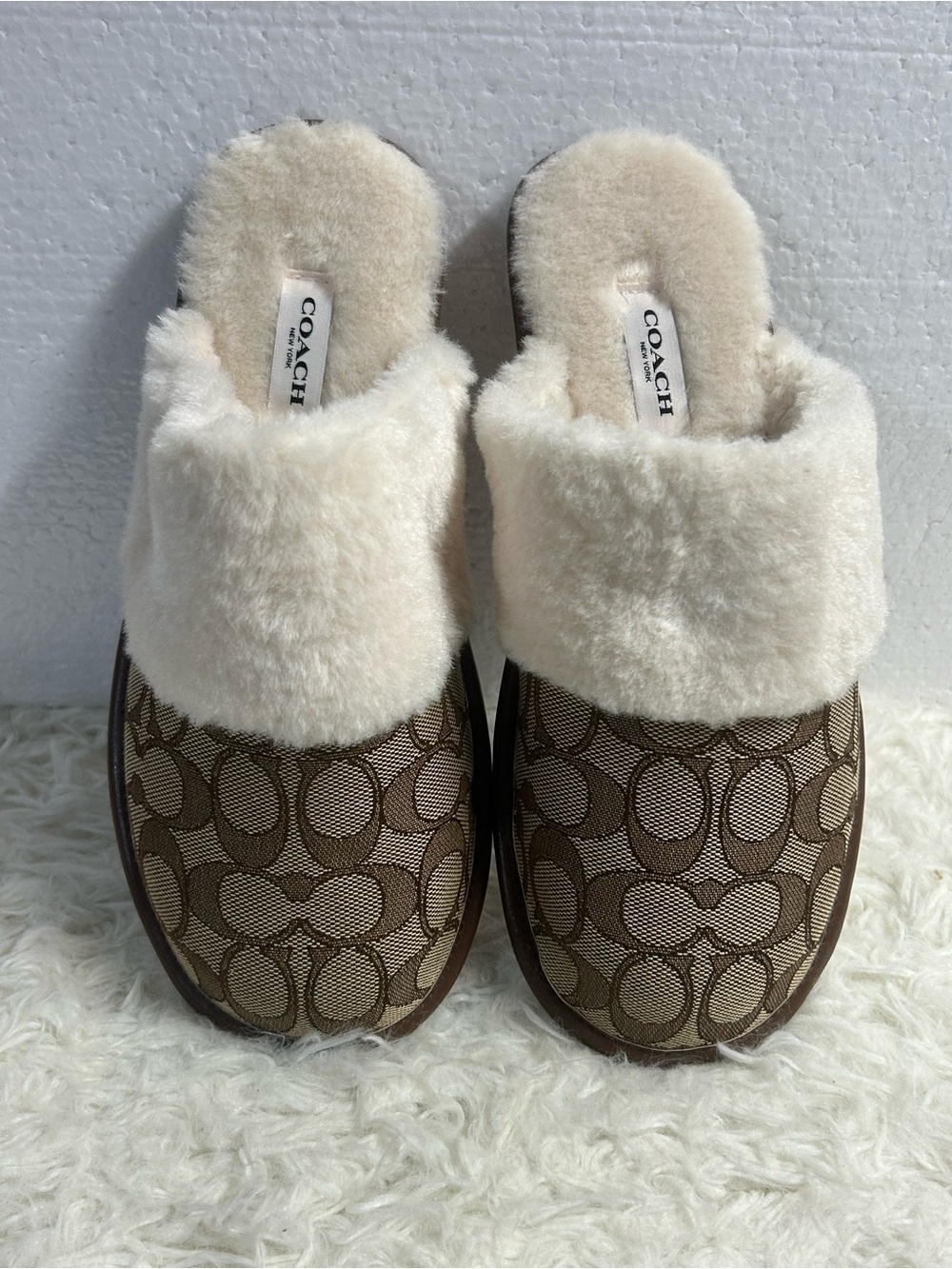 Coach Brown Signature Canvas Slip-On Slippers with Cream Shearling Trim